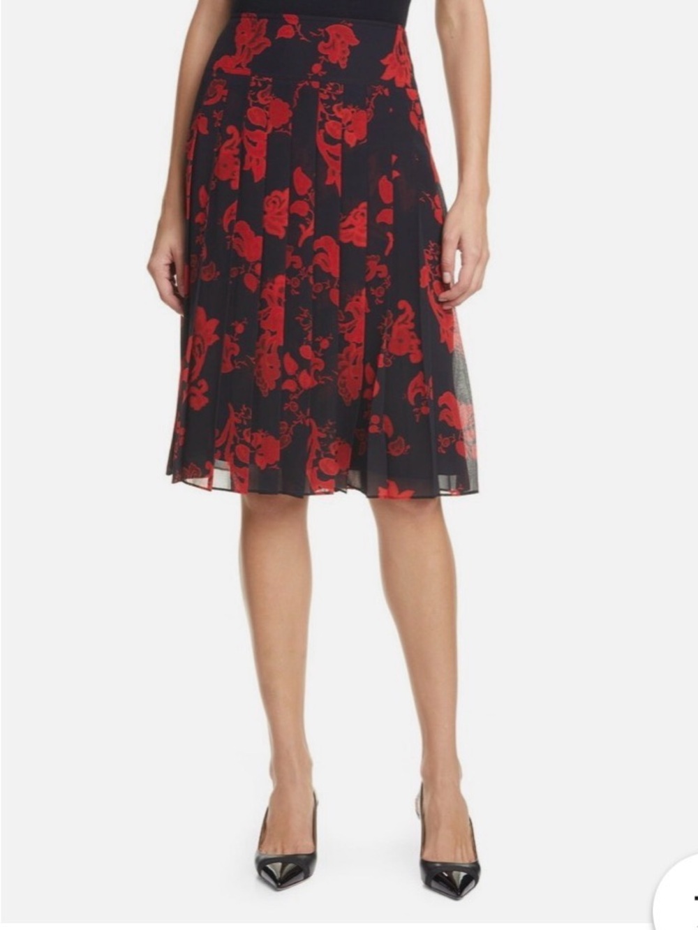 Tory Burch Black A-Line Skirt with Red Floral Print